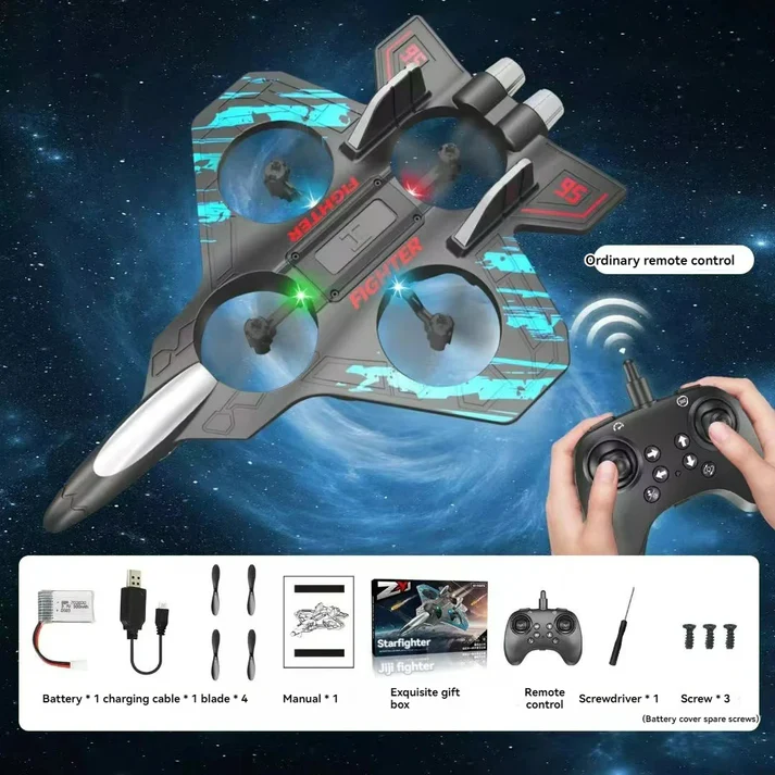 2.4G Remote-Controlled Foam Fighter Plane with Stunt Flips, Hover Capabilities, and Colored Lights.