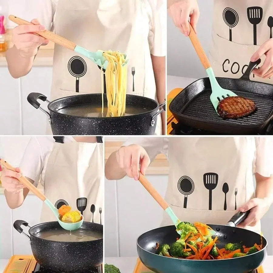 12Pcs Kitchen Utensil Set Silicone Spatula Set Wooden Handle Cooking Tools Kit with Holder Heat-Resistant Cookware for Kitchen