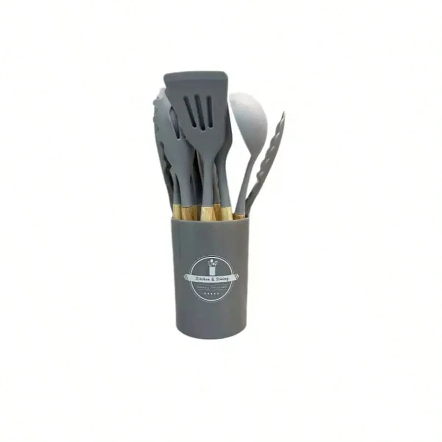 12Pcs Kitchen Utensil Set Silicone Spatula Set Wooden Handle Cooking Tools Kit with Holder Heat-Resistant Cookware for Kitchen