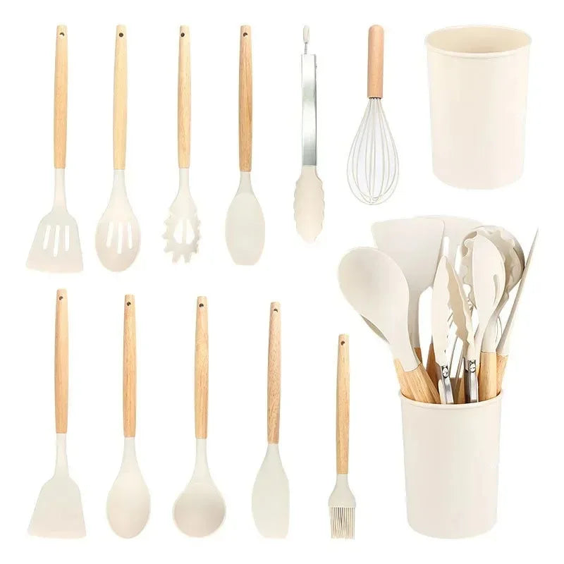 12Pcs Kitchen Utensil Set Silicone Spatula Set Wooden Handle Cooking Tools Kit with Holder Heat-Resistant Cookware for Kitchen