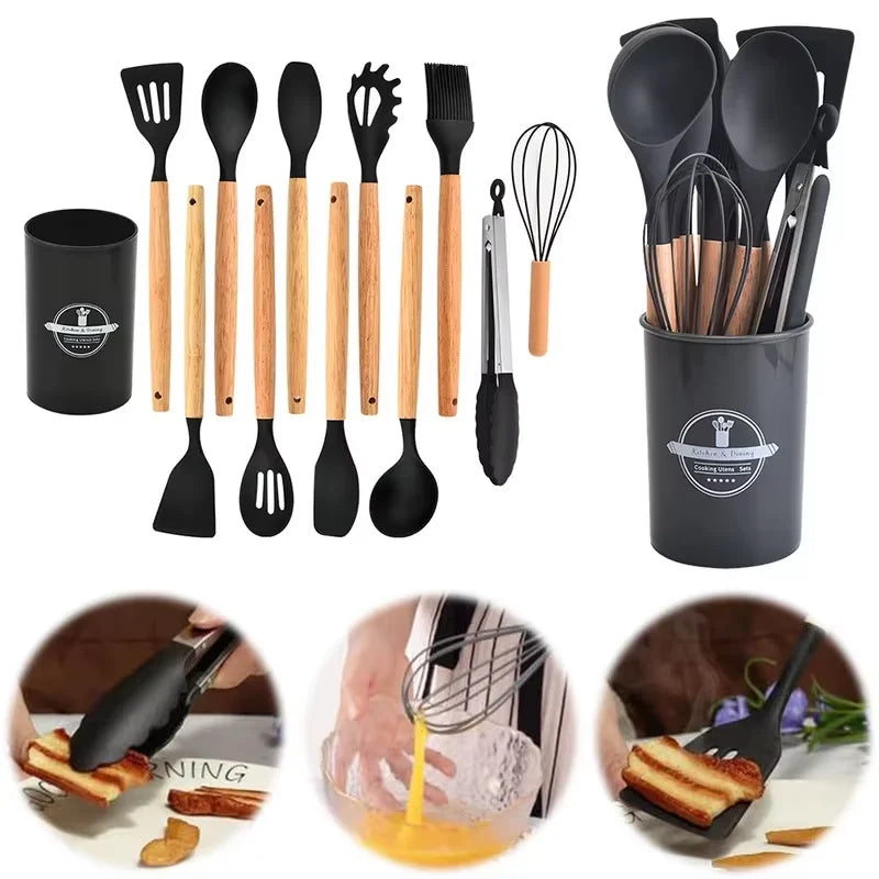 12Pcs Kitchen Utensil Set Silicone Spatula Set Wooden Handle Cooking Tools Kit with Holder Heat-Resistant Cookware for Kitchen