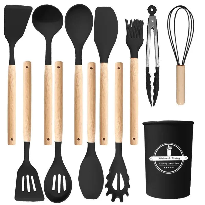 12Pcs Kitchen Utensil Set Silicone Spatula Set Wooden Handle Cooking Tools Kit with Holder Heat-Resistant Cookware for Kitchen