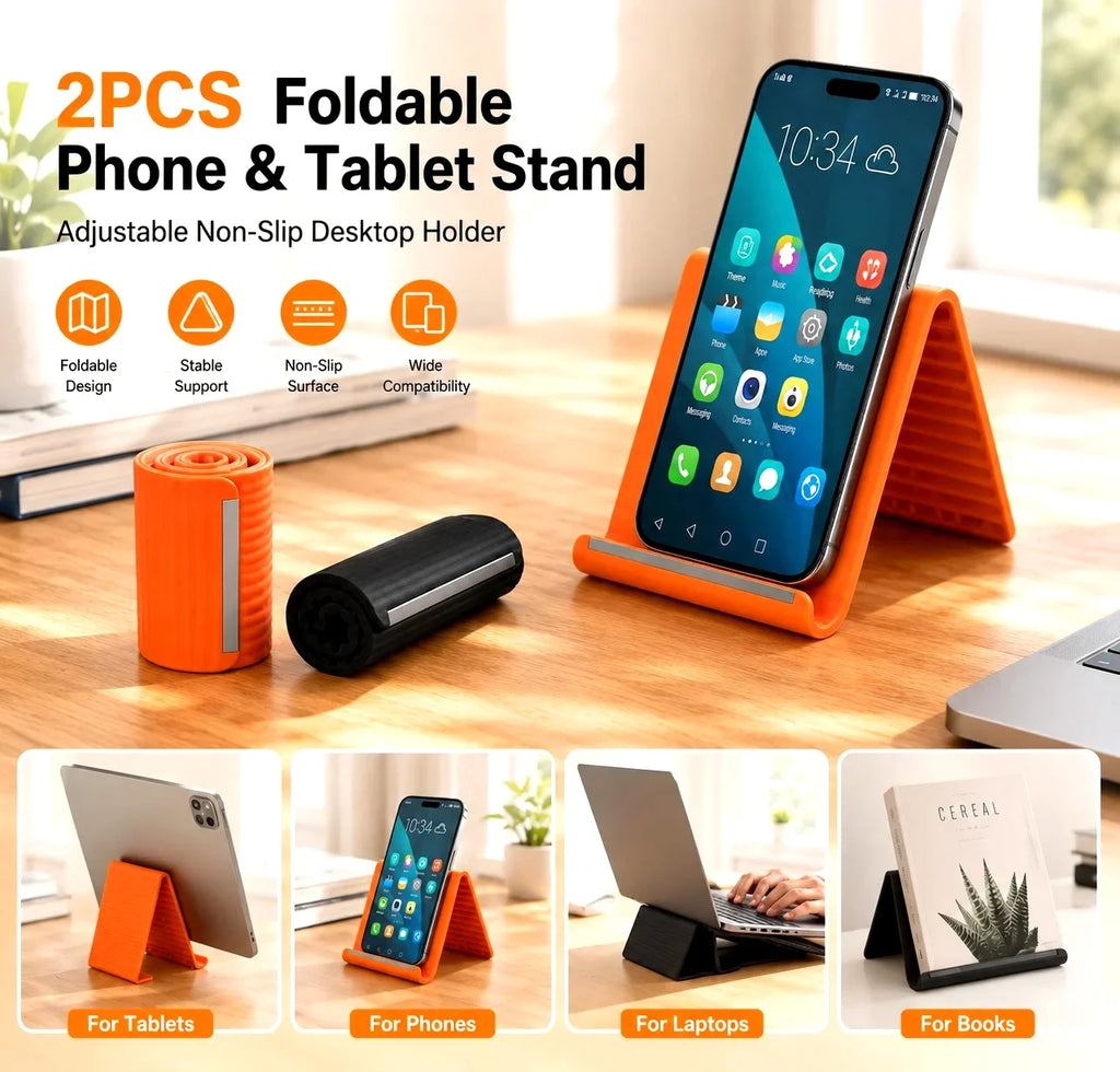 2PCS Foldable Silicone Phone and Tablet Stand, Adjustable Non-Slip Desktop Holder, Portable Device Stand for Home, Office and Travel