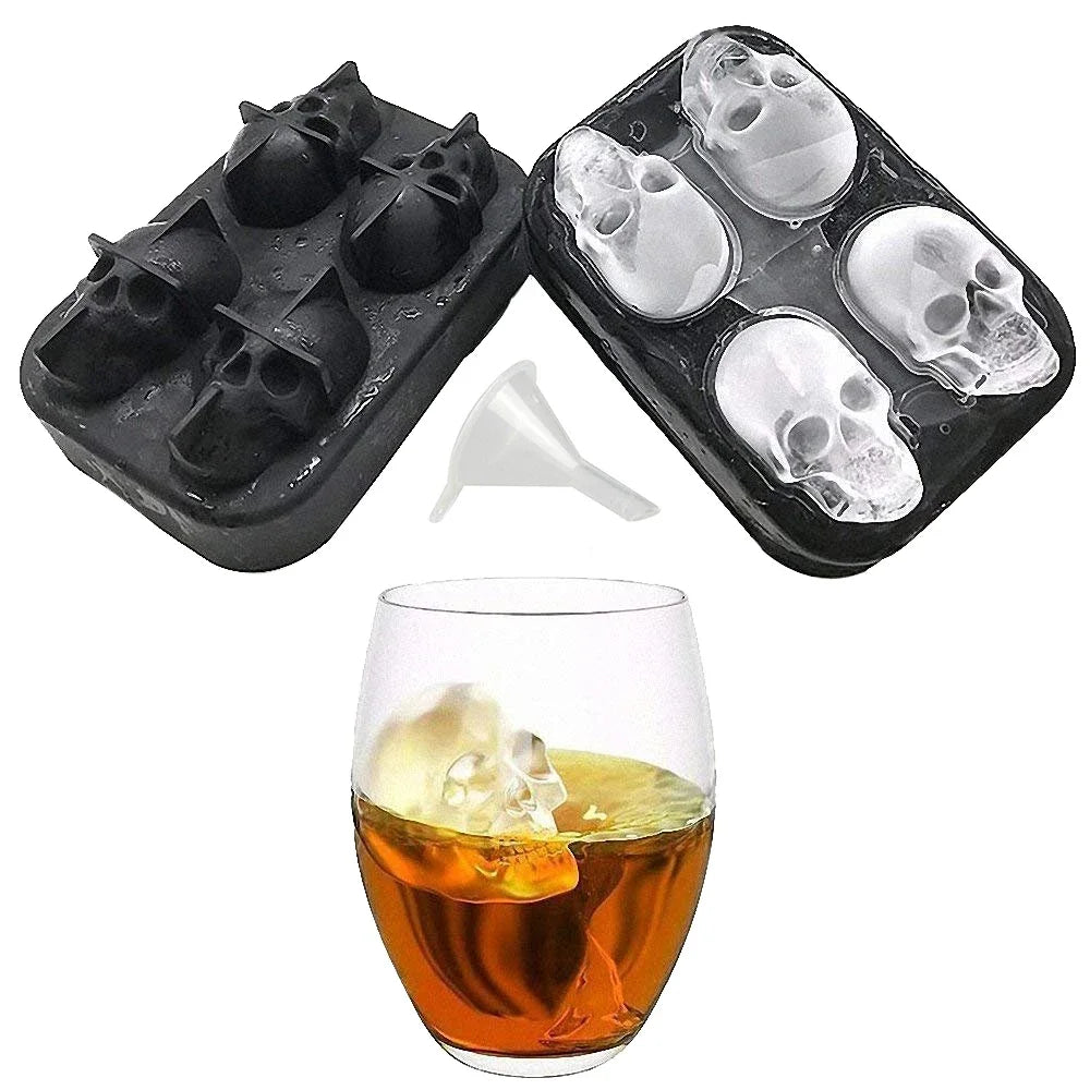 3D 4 Cavity Ice Cube Tray ice mold for Ice Cream & Party  Skull Ice Cube Tray, ice tray, Silicone ice Maker Molds with Funnel,
