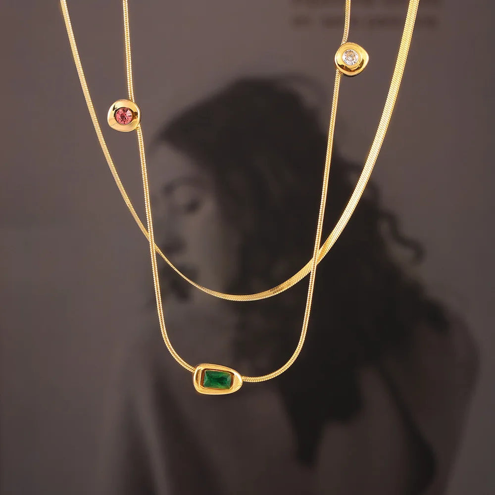 Creative Irregular Colored Glass stone Necklace Thin Clavicle Chain Titanium Steel Woman Popular Jewelry  Gift