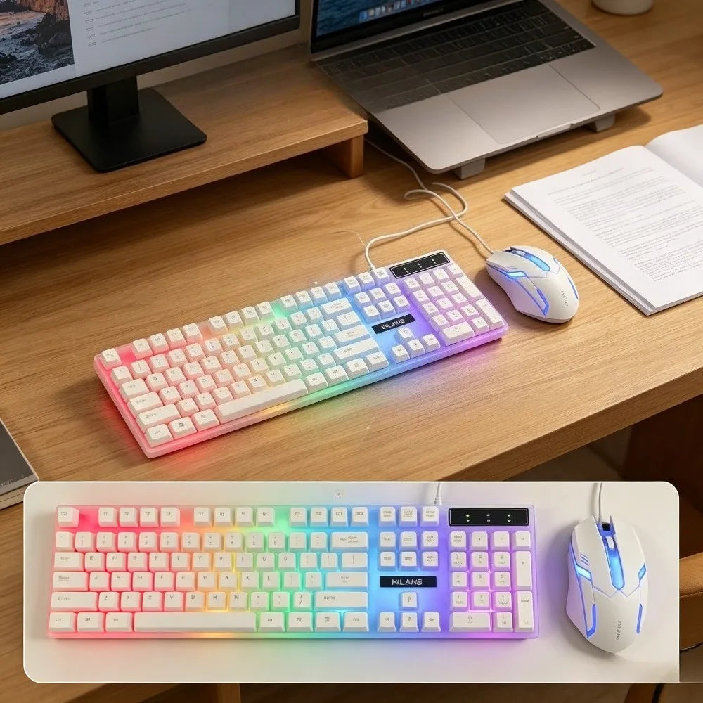 Rainbow backlit wired gaming keyboard and mouse set, plug and play wired keyboard and mouse combination, suitable for indoor leisure, e-sports and office peripherals of desktop and laptop computers