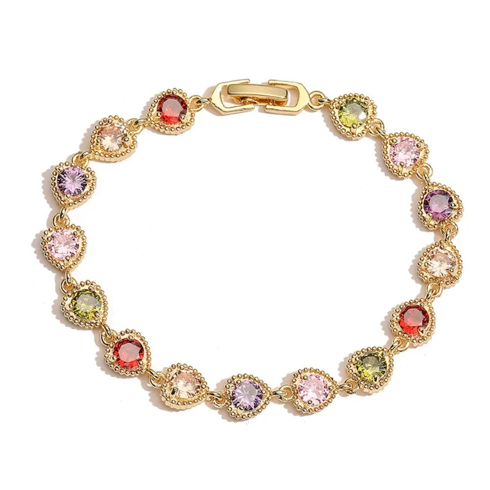 Colorful Rainbow Zircon Bracelet Luxury Splicing Design Heart Shaped Bracelet Adjustable Sweet Chain Bracelets Women's Jewelry
