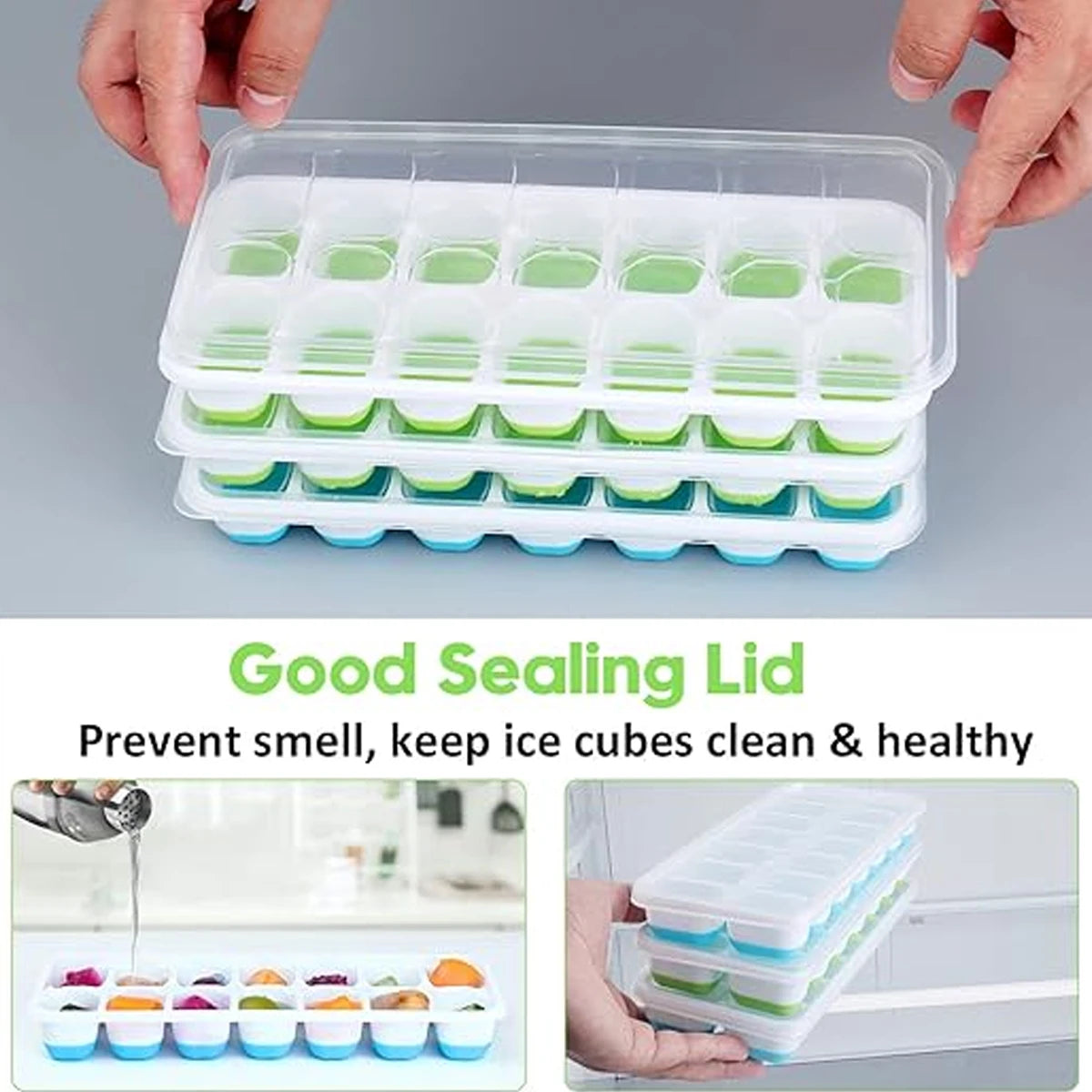 【14-Compartment Ice Mold - Mixed Colors (4 Ice Compartments)】1/2/4 Pack, Ice Cube Mold, Ice Cube Tray, Multifunctional Household Chocolate Mold, Easy to Demold, and 14-Compartment Ice Tray with Removable Lid, Stackable Ice Tray, Suitable for Freezing Cock
