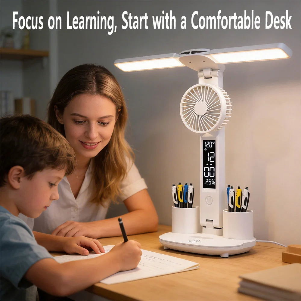 Rechargeable Eye-care LED Desk Lamp · Fan & Dual Pen Holders + Digital Display – Perfect for Study & Office