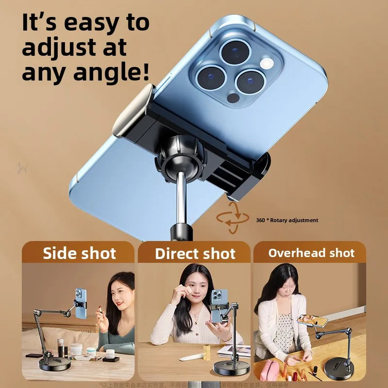 Adjustable Carbon Steel Phone Holder 360° Rotatable Overhead Shooting Bracket for Desktop Live, Food Recording & Unpacking Vlog