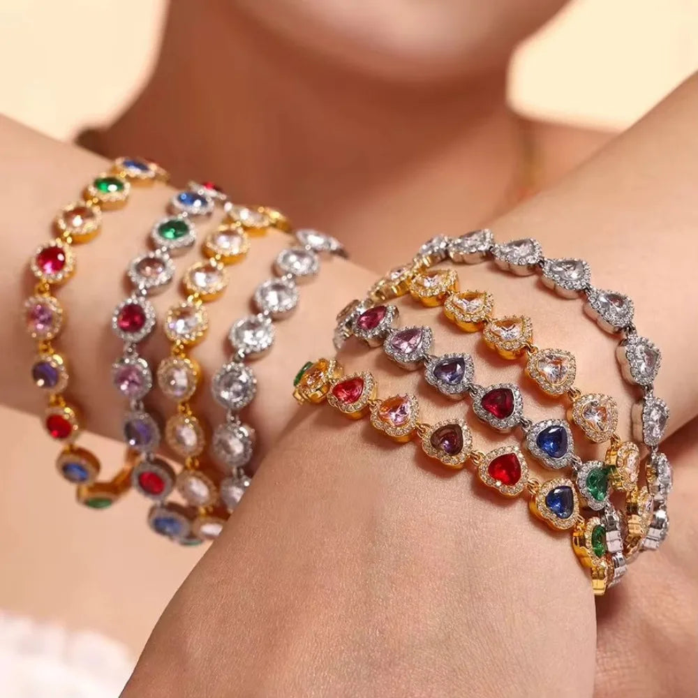 Colorful Rainbow Zircon Bracelet Luxury Splicing Design Heart Shaped Bracelet Adjustable Sweet Chain Bracelets Women's Jewelry