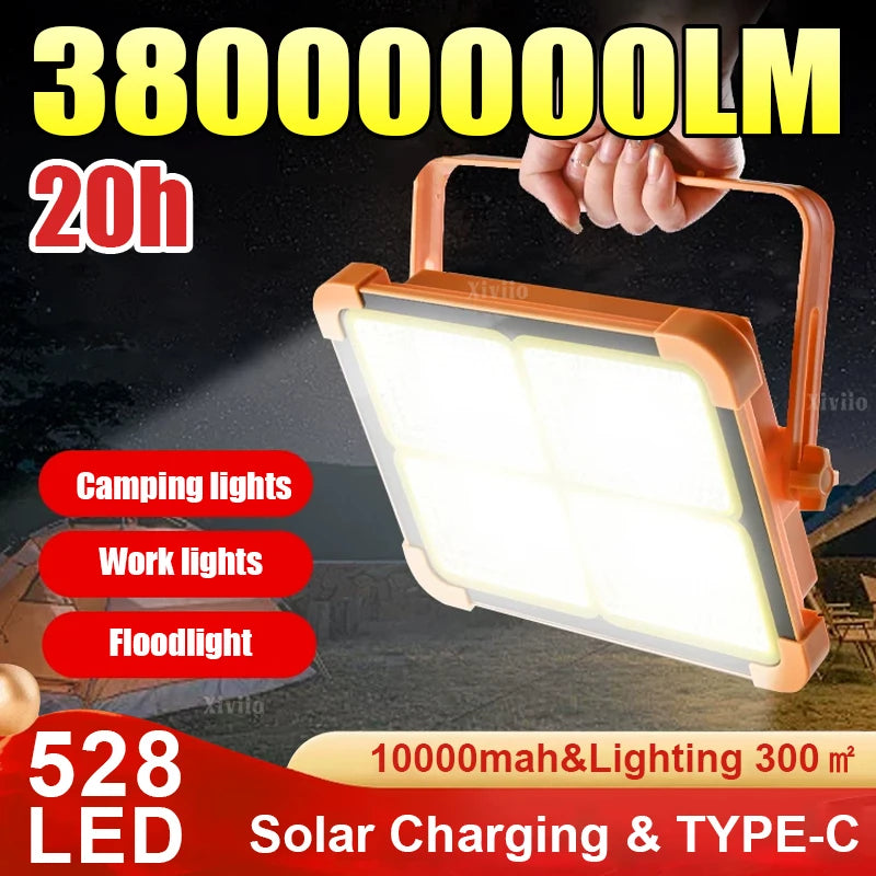 38000000LM 528LED Solar Charging Floodlight Waterproof Portable Camping Light Power Bank 10000mAh For Outdoor Emergency Lighting