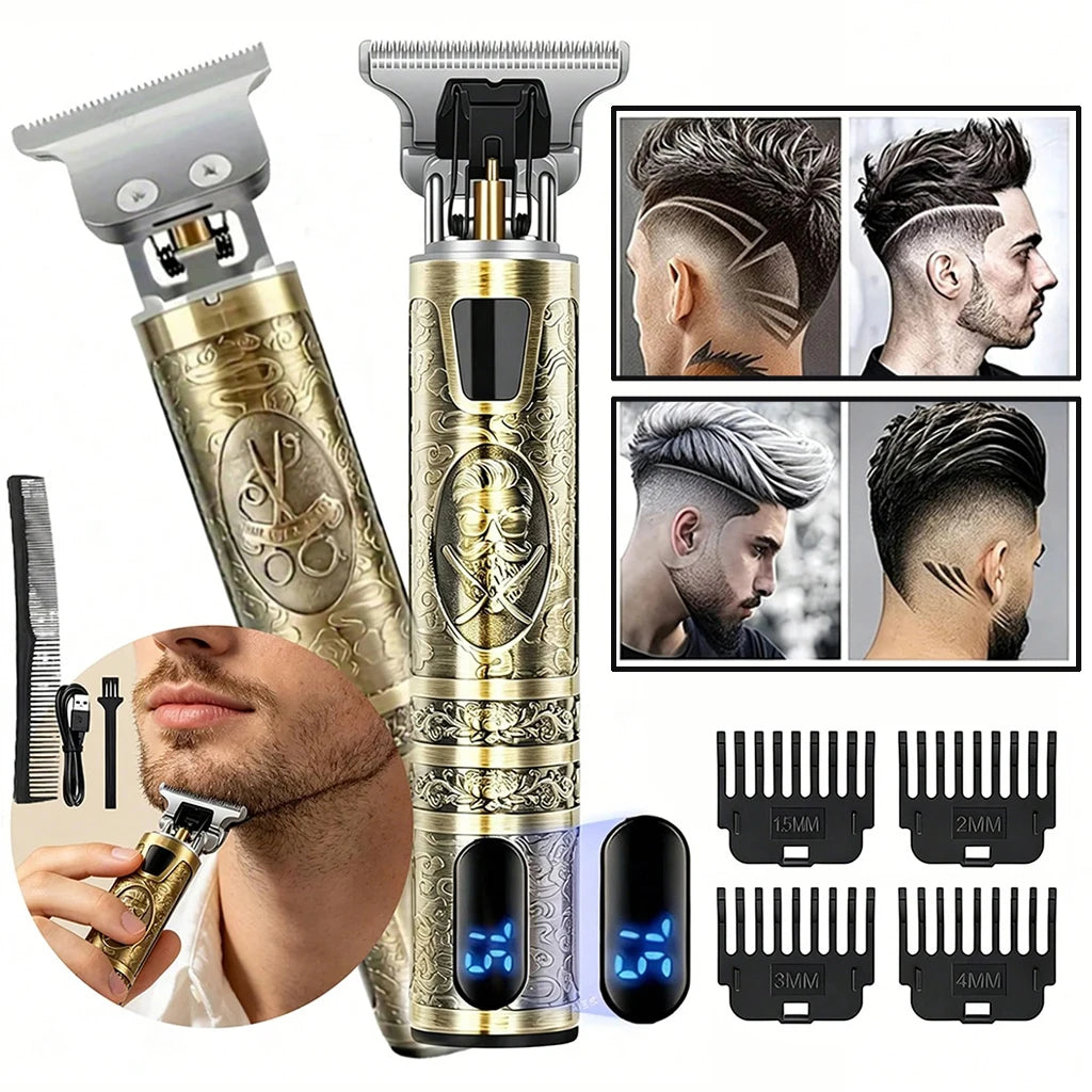 Retro T9 Electric Hair Clipper & Beard Trimmer - LCD Display, USB Rechargeable,   Professional Barber Kit with 4 Guide Combs for Men's Haircut & Styling