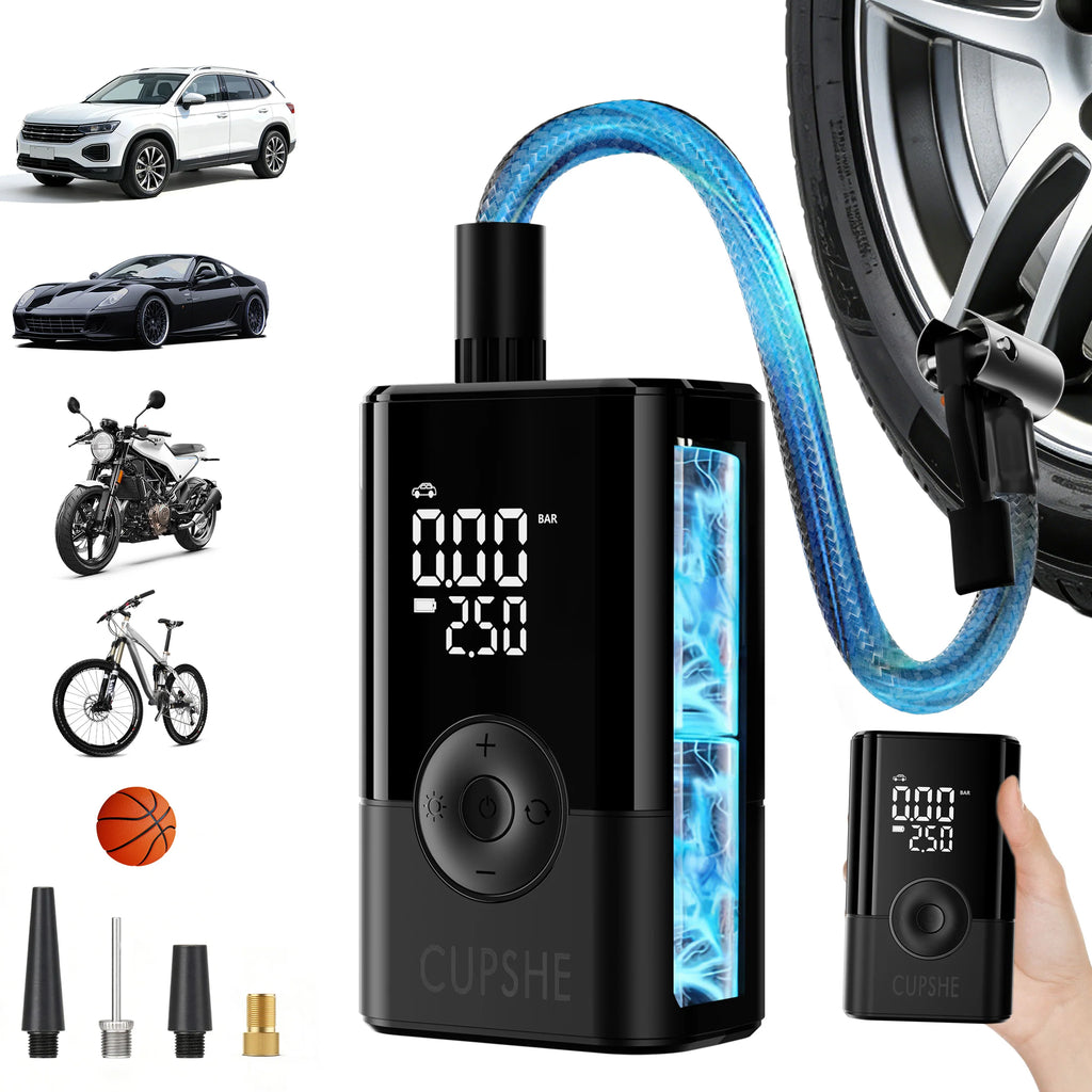 Portable USB charging model wireless inflation pump, car tire inflation pump, digital display cordless inflation pump, emergency power supply, electric air pump, inflation pump, suitable for SUV/car/bicycle/motorcycle and sports equipment/ball games. Quic