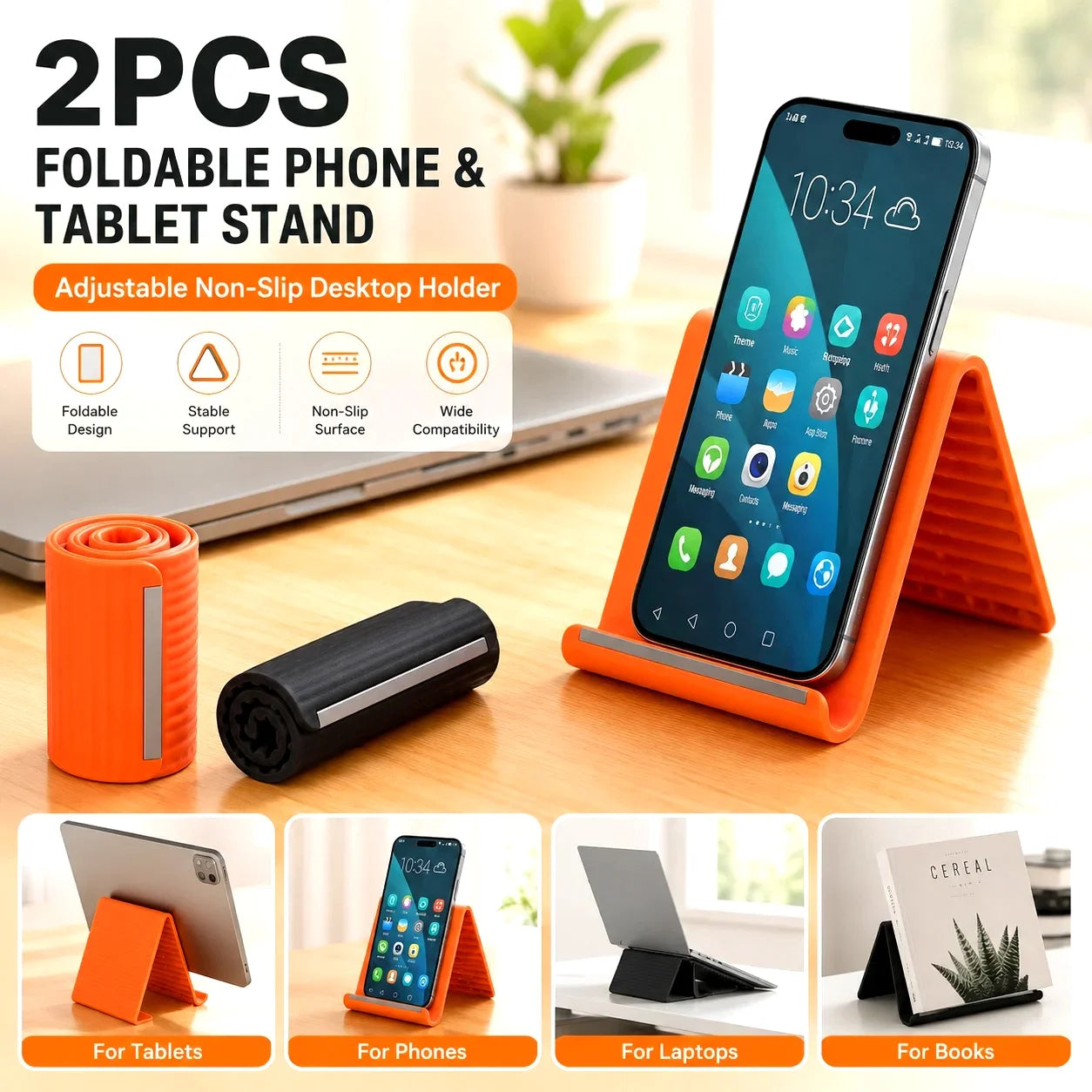2PCS Foldable Silicone Phone and Tablet Stand, Adjustable Non-Slip Desktop Holder, Portable Device Stand for Home, Office and Travel