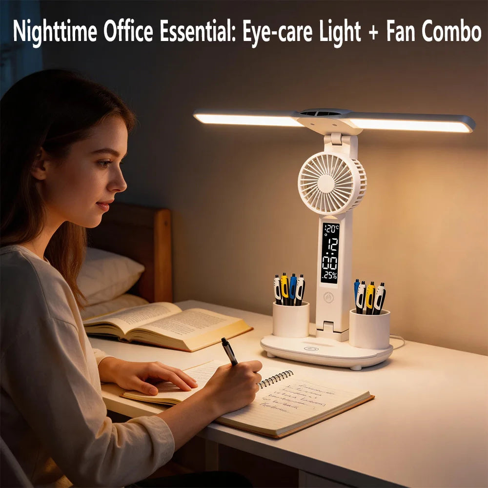 Rechargeable Eye-care LED Desk Lamp · Fan & Dual Pen Holders + Digital Display – Perfect for Study & Office