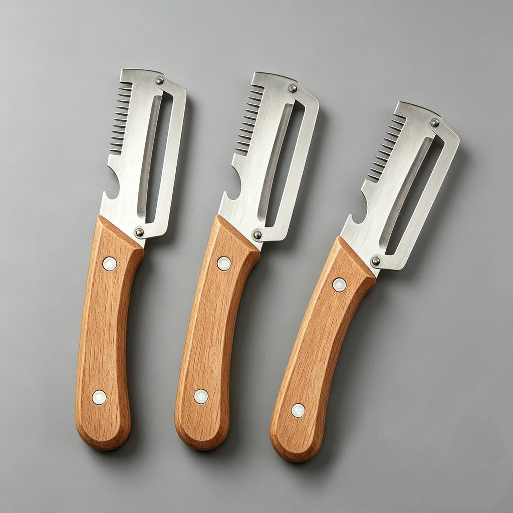 Stainless steel peeler with wooden handle for peeling and slicing fruits and vegetables | Durable and smooth operation