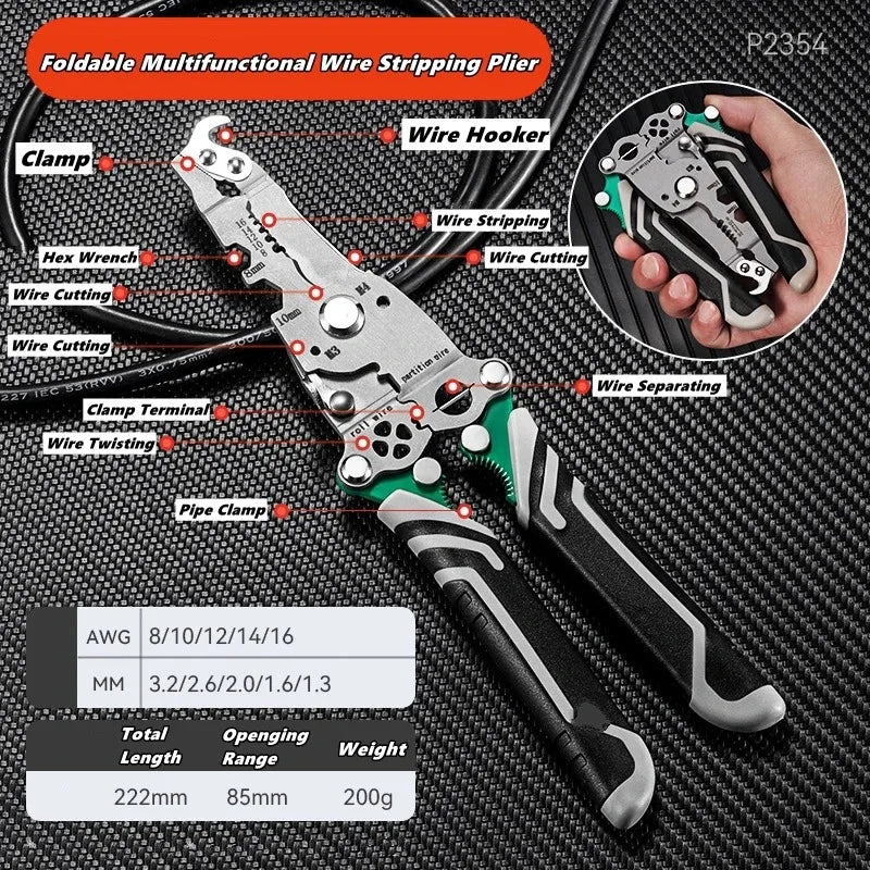 Multifunctional Foldable Wire Stripper Crimper Cutter Electrical Pliers for Splicing Screws Motorcycle Circuit Repair Tool Kit