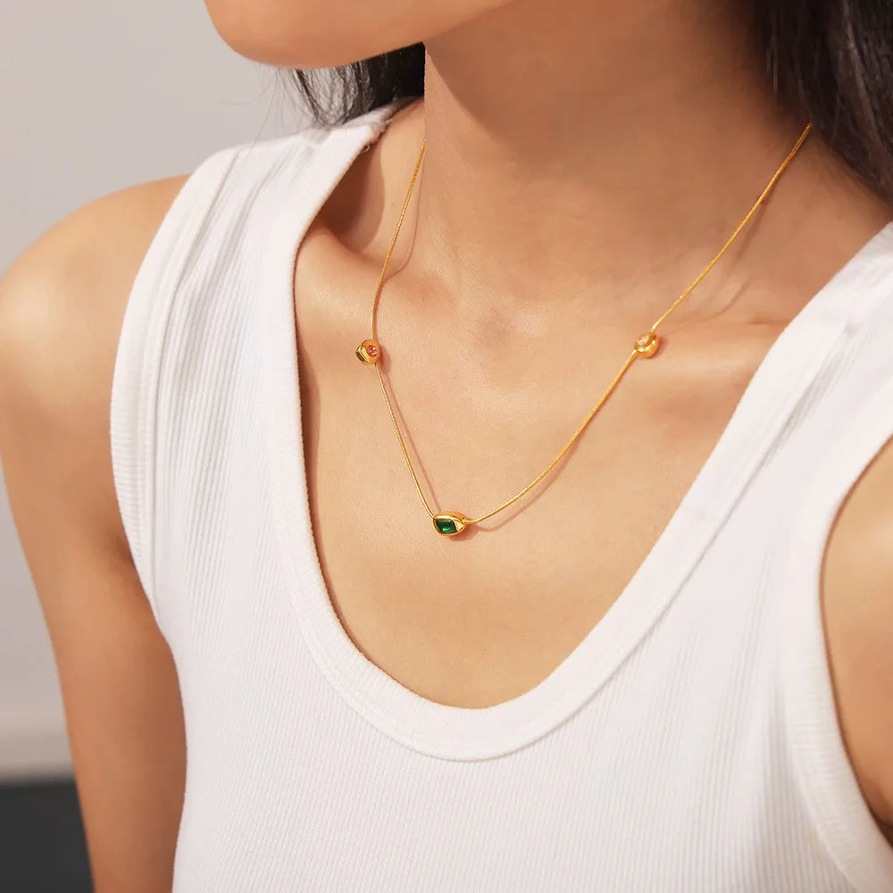 Creative Irregular Colored Glass stone Necklace Thin Clavicle Chain Titanium Steel Woman Popular Jewelry  Gift