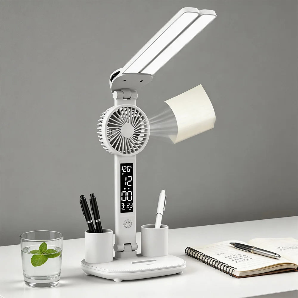 Rechargeable Eye-care LED Desk Lamp · Fan & Dual Pen Holders + Digital Display – Perfect for Study & Office