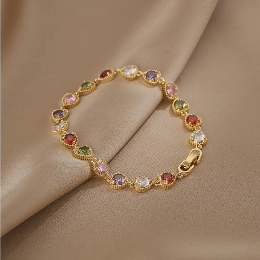 Colorful Rainbow Zircon Bracelet Luxury Splicing Design Heart Shaped Bracelet Adjustable Sweet Chain Bracelets Women's Jewelry