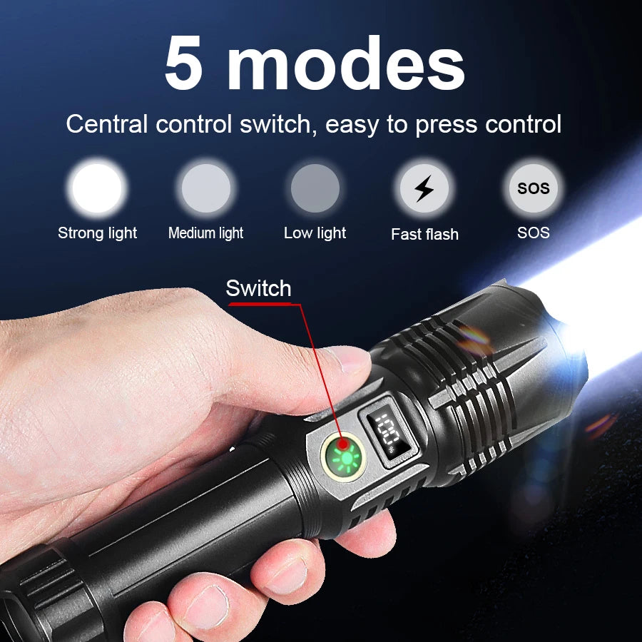 980000000LM Super Bright Spotlight Long Range LED Flashlight Rechargeable Waterproof Portable Torch For Camping Fishing Hunting