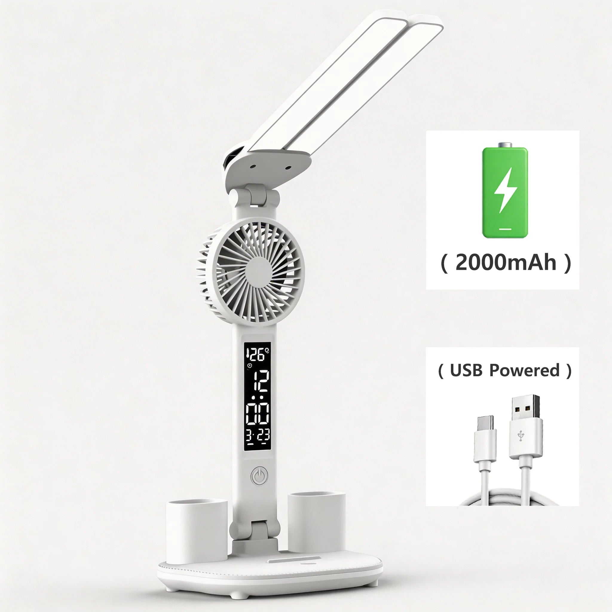 Rechargeable Eye-care LED Desk Lamp · Fan & Dual Pen Holders + Digital Display – Perfect for Study & Office