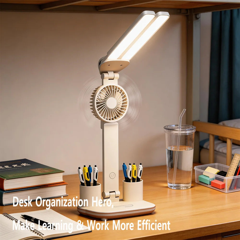 Rechargeable Eye-care LED Desk Lamp · Fan & Dual Pen Holders + Digital Display – Perfect for Study & Office