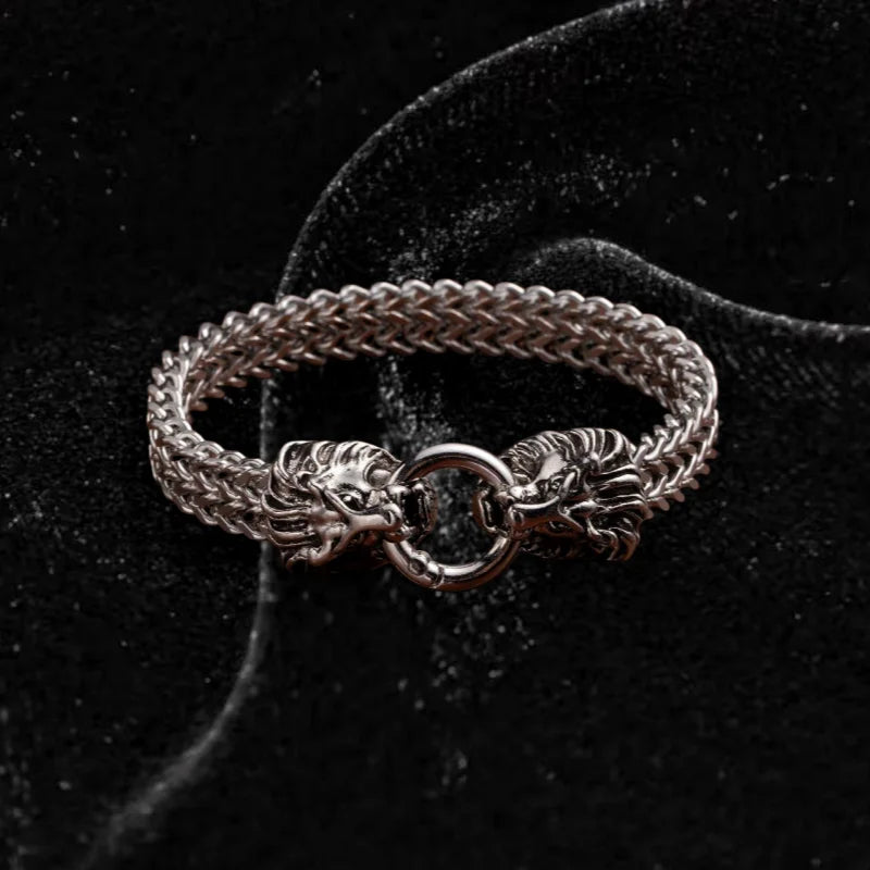 Retro Punk Twin Wolf Head Bracelet Animal Bracelet Motorcycle Hip Hop Rock Trendy Jewelry Halloween Gift  Men Women Jewelry