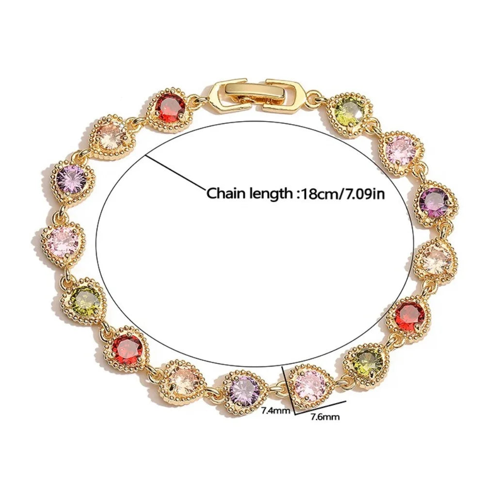Colorful Rainbow Zircon Bracelet Luxury Splicing Design Heart Shaped Bracelet Adjustable Sweet Chain Bracelets Women's Jewelry