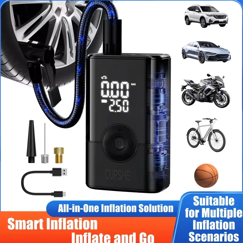 Portable USB charging model wireless inflation pump, car tire inflation pump, digital display cordless inflation pump, emergency power supply, electric air pump, inflation pump, suitable for SUV/car/bicycle/motorcycle and sports equipment/ball games. Quic