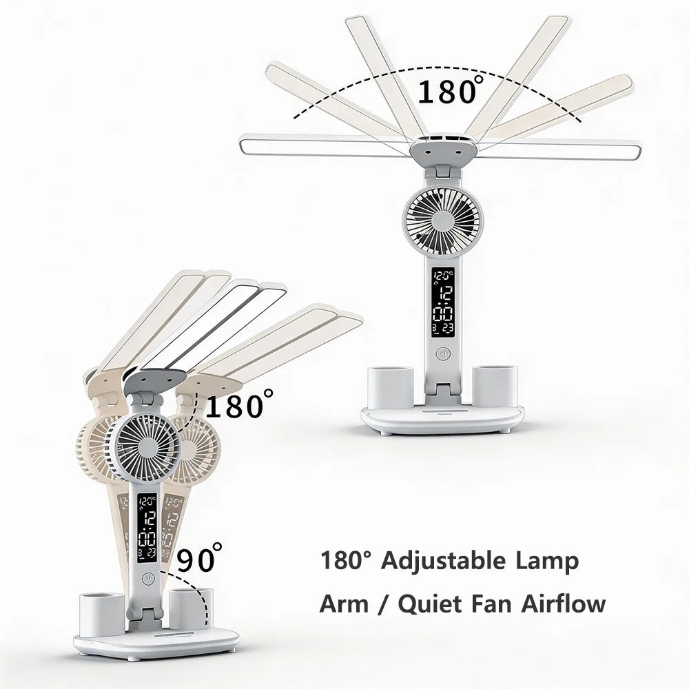 Rechargeable Eye-care LED Desk Lamp · Fan & Dual Pen Holders + Digital Display – Perfect for Study & Office