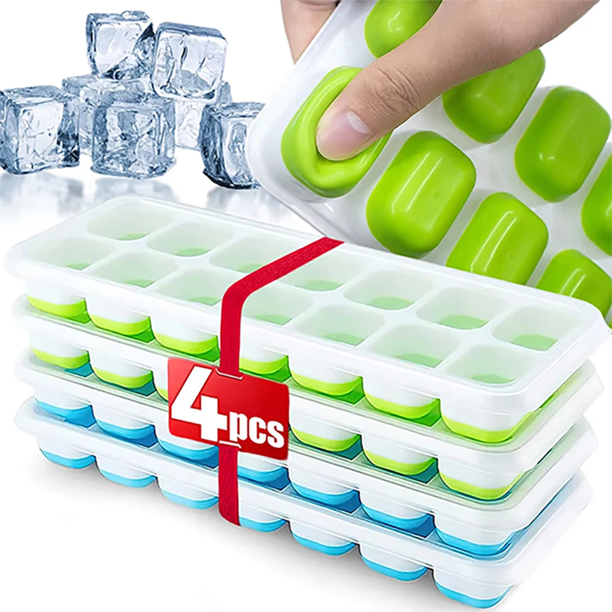 【14-Compartment Ice Mold - Mixed Colors (4 Ice Compartments)】1/2/4 Pack, Ice Cube Mold, Ice Cube Tray, Multifunctional Household Chocolate Mold, Easy to Demold, and 14-Compartment Ice Tray with Removable Lid, Stackable Ice Tray, Suitable for Freezing Cock