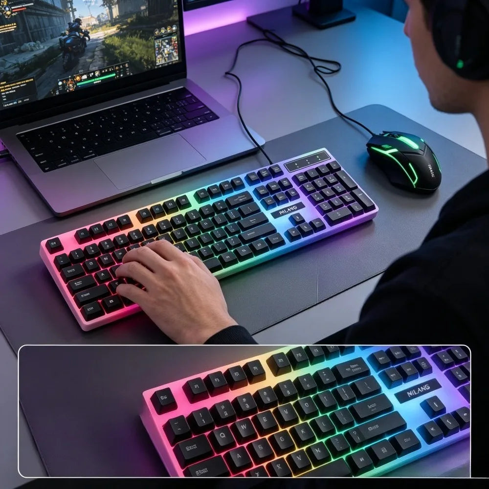 Rainbow backlit wired gaming keyboard and mouse set, plug and play wired keyboard and mouse combination, suitable for indoor leisure, e-sports and office peripherals of desktop and laptop computers