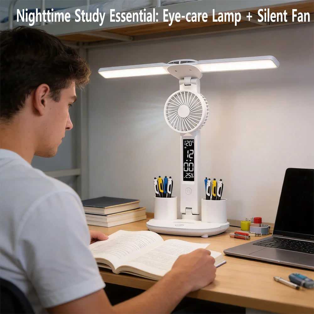 Rechargeable Eye-care LED Desk Lamp · Fan & Dual Pen Holders + Digital Display – Perfect for Study & Office