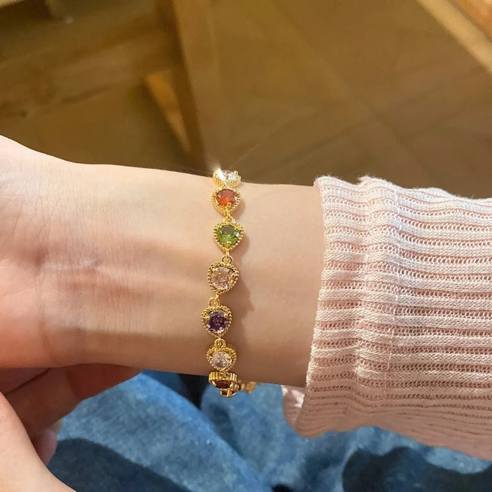 Colorful Rainbow Zircon Bracelet Luxury Splicing Design Heart Shaped Bracelet Adjustable Sweet Chain Bracelets Women's Jewelry