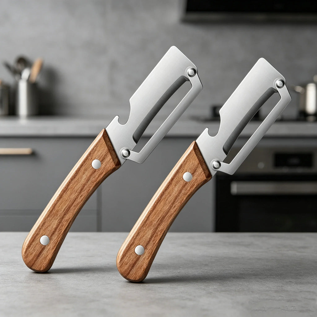 Stainless steel peeler with wooden handle for peeling and slicing fruits and vegetables | Durable and smooth operation