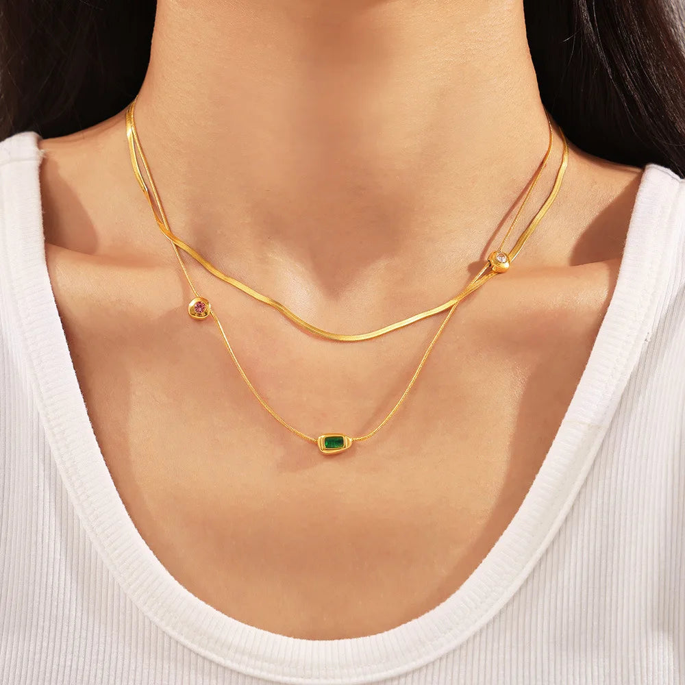 Creative Irregular Colored Glass stone Necklace Thin Clavicle Chain Titanium Steel Woman Popular Jewelry  Gift
