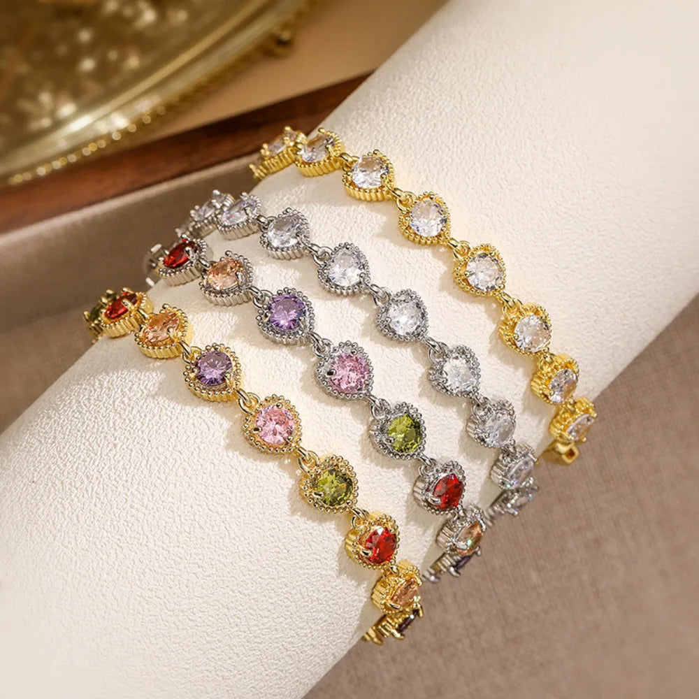 Colorful Rainbow Zircon Bracelet Luxury Splicing Design Heart Shaped Bracelet Adjustable Sweet Chain Bracelets Women's Jewelry